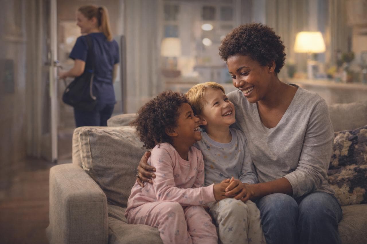 A caregiver joyfully playing with a child in a bright, welcoming room